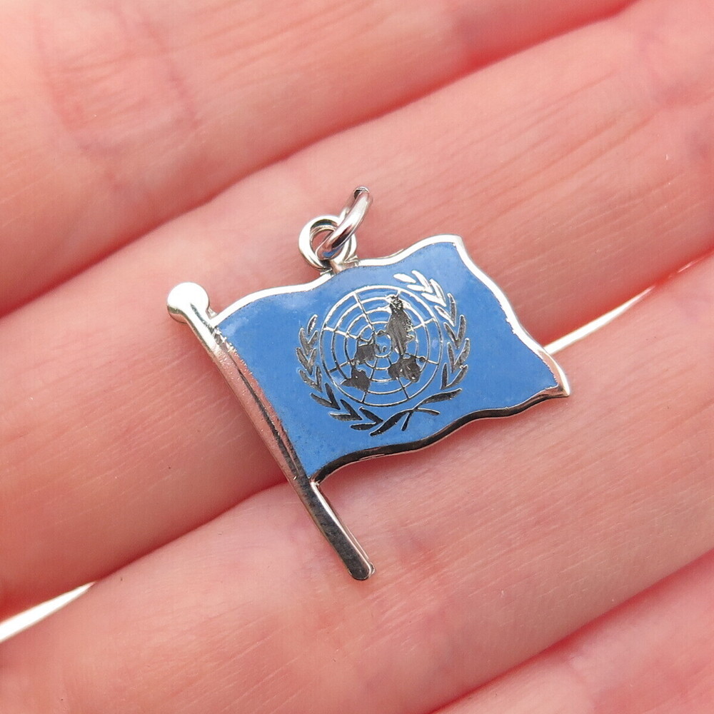 925 Sterling Silver Vintage Enamel United Nations Flag Mini Charm Pendant
